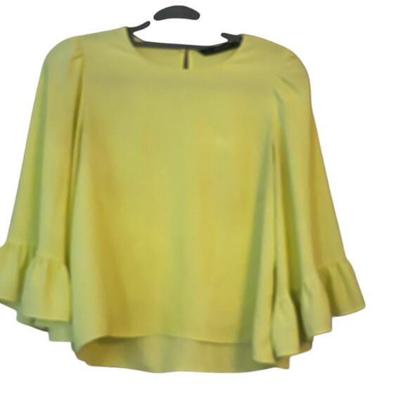 Zara Chartreuse Popover Blouse Ruffle Butterfly Sleeve Bright Cheery XS - Picture 1 of 9